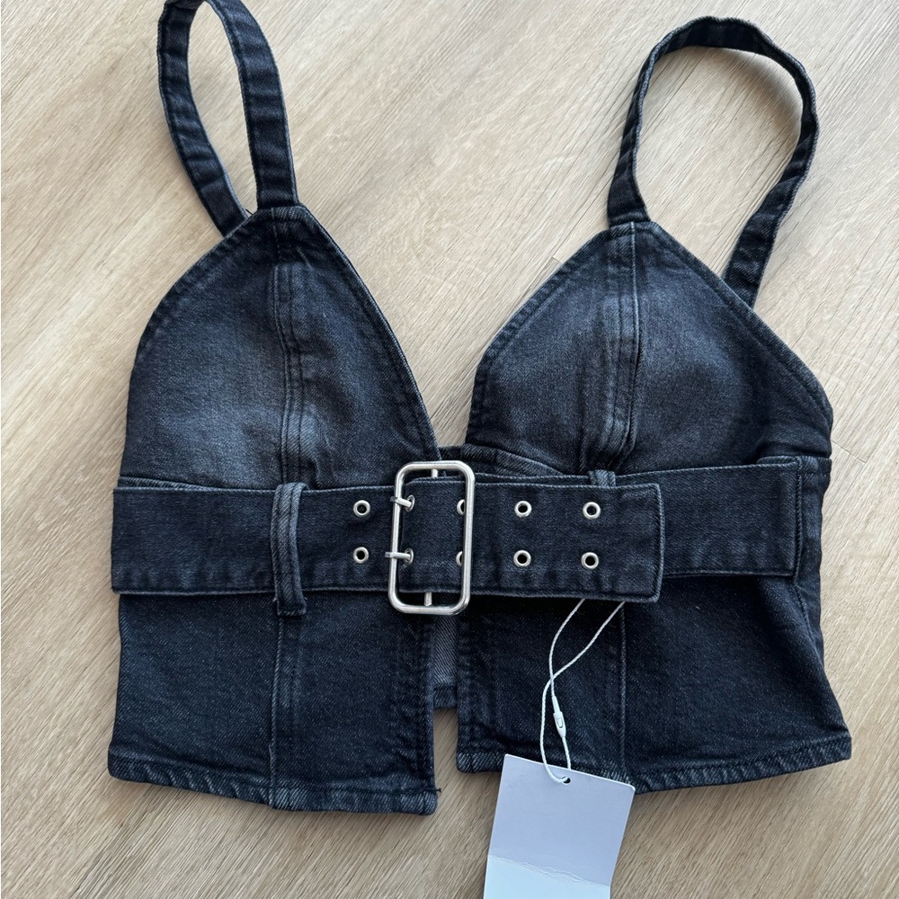 Bershka Black Denim Halter Top with Belt